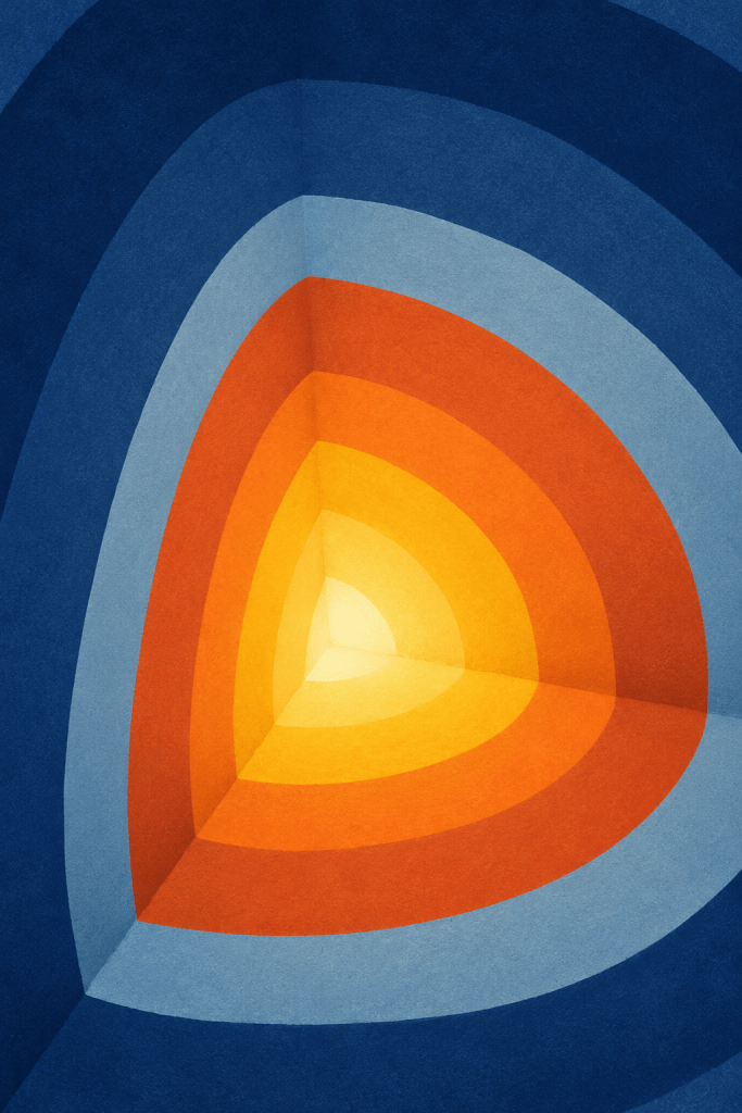 Bands of navy, orange and gold receding into a corner, with light glowing at the centre